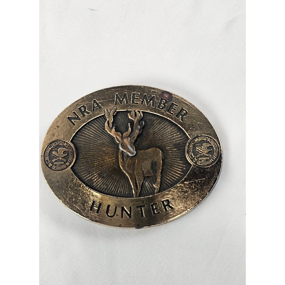 VTG NRA Member Hunter Belt‎ Buckle Deer Brass National Rifle Assoc 3.5" x 2.75"